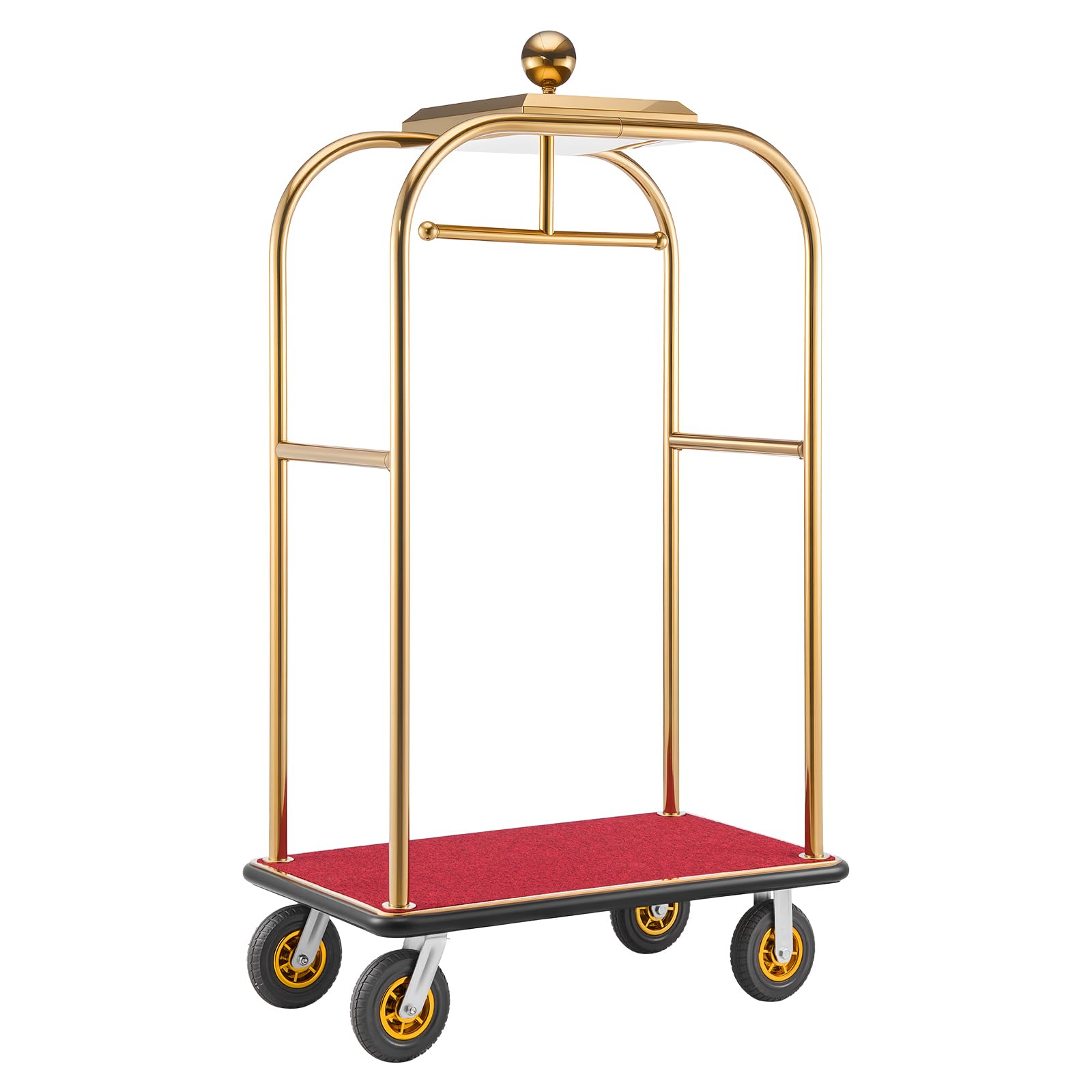 VEVOR Carrito de Transporte para Hotel, Carro de Equipaje con Barra para Colgar de Acero Inoxidable con Plataforma Roja de 1080 x 640 mm, Capacidad 544 kg con Ruedas de Goma para Resorts Recepciones