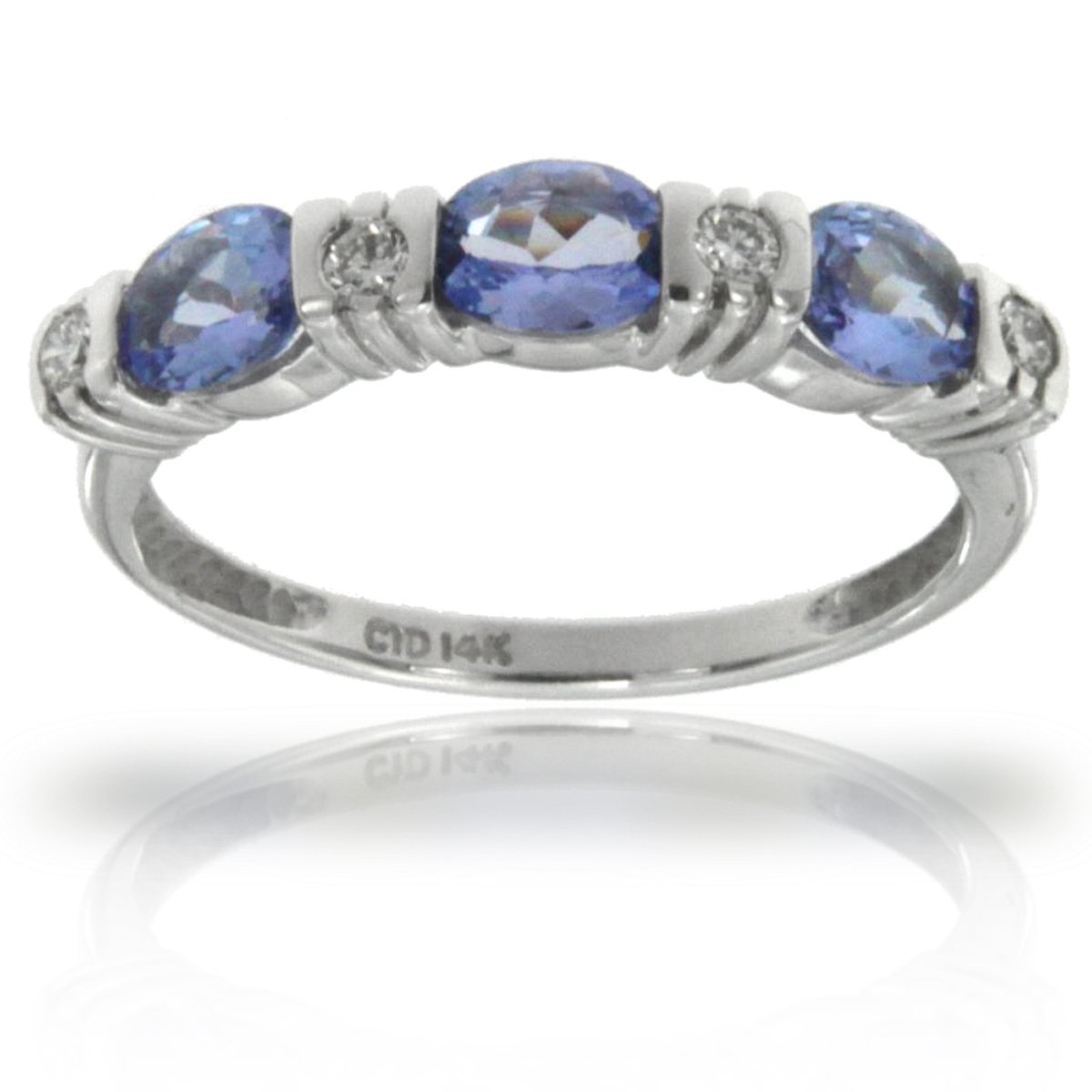 14k White Gold Three Stone Oval Tanzinite and Diamond Ring.