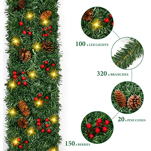 Christmas Garland With Light Battery Operated - [12 Feet By 10 Inch] 100 Lights Prelit Garland Lighted Wreaths Greenery With Pine Cone/Red Berry, Indoor Outdoor Xmas Decoration Home Fireplace #TOP4