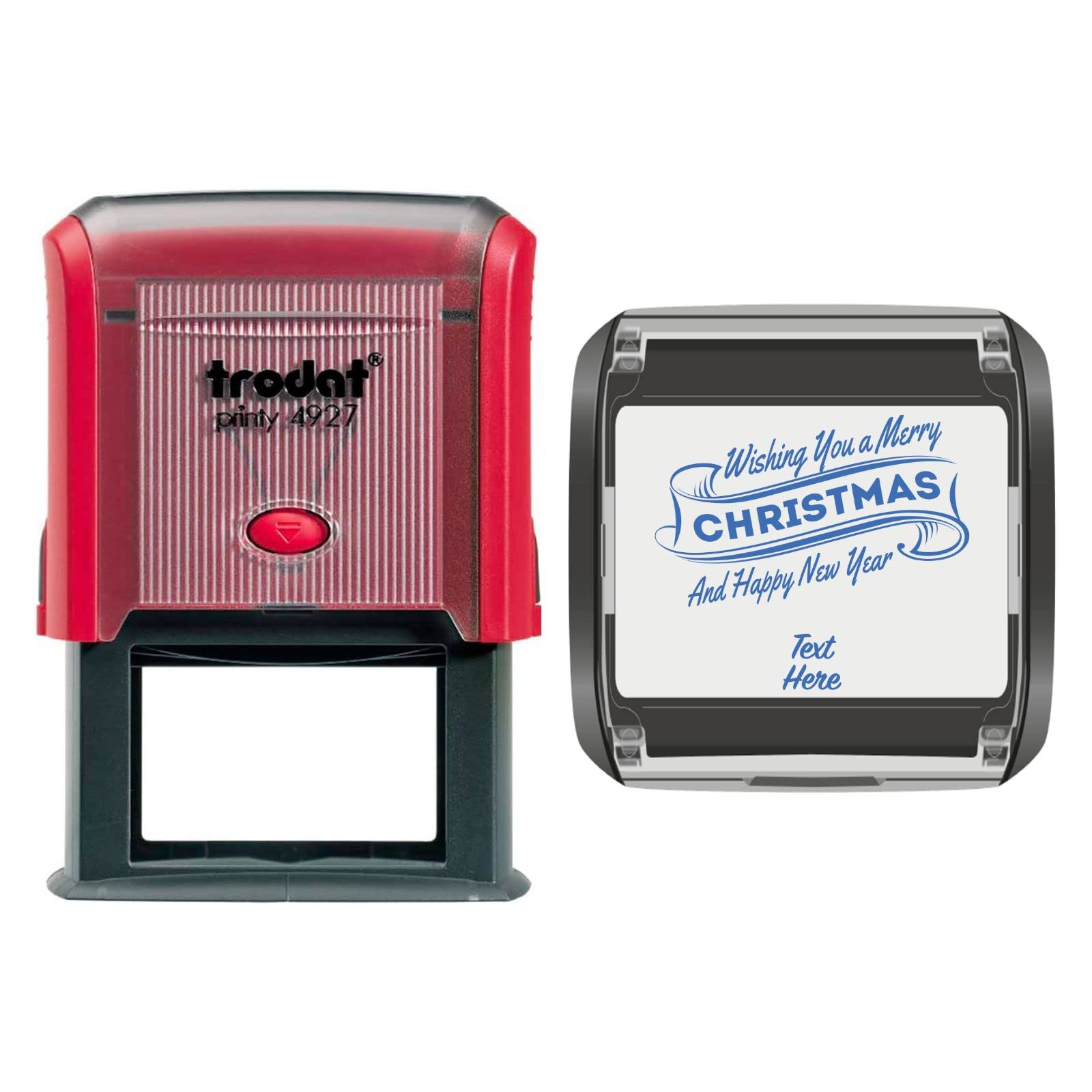 Trodat 4927 Personalised Christmas Card Message/Label Self Inking Rubber Stamp- Wishing a Merry Christmas and Happy New Year in Blue Ink with 2 Lines of Customised Text