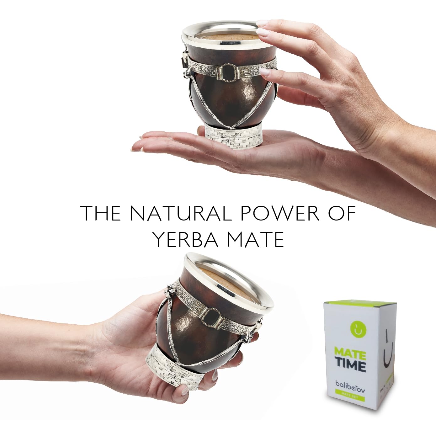 balibetov Ausgewählte Kollektion - Yerba Mate Kürbis (Mate Cup) - Premium Mate Gourd mit Details aus Neusilber - Inklusive Edelstahl Bombilla und Reinigungsbürste. (Iguazú)
