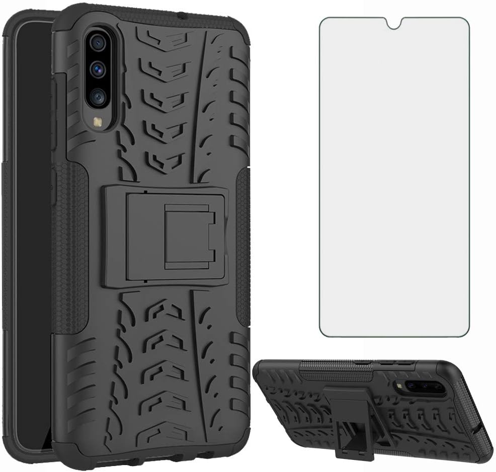Phone Case for Samsung Galaxy A70 with Tempered Glass Screen Protector Cover and Stand Hard Rugged Hybrid Heavy Duty Protective Cell Accessories Glaxay A70S A 70 Gaxaly 70A S70 Cases Women Men Black