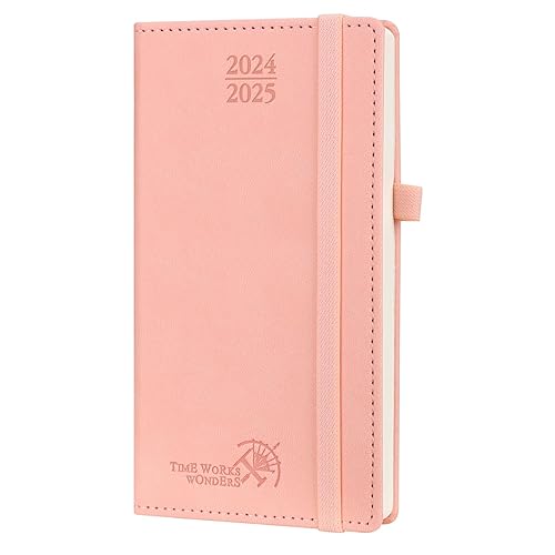 POPRUN Agenda de Poche 2024 2025 Semainier 16,5 x 9 cm - 17 Mois Petit Agenda Scolaire D'août 2024 à déc 2025 avec Couverture Rigide en PU Cuir, Papier Certifié FSC®, Rose