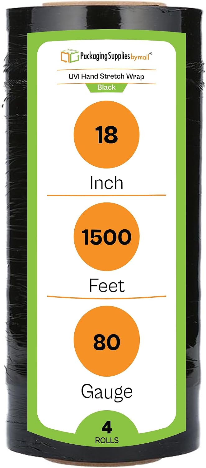 PSBM UVI Protection Stretch Wrap, 4 Pack, 18 Inch x 1500 Feet, 80 Gauge, Black Plastic Cling, Hand Shrink Film for Pallet Moving Packing