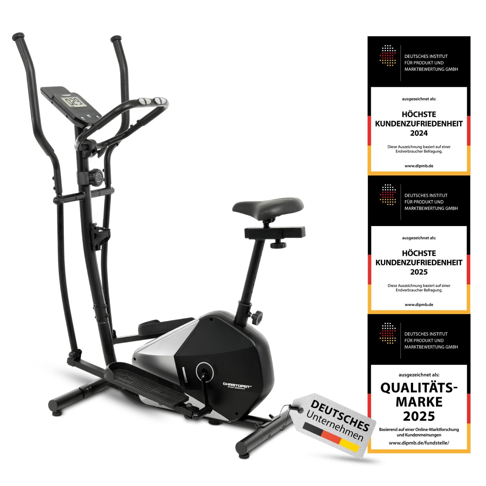 Christopeit Vélo elliptique CT 6 – vélo elliptique et vélo d'appartement 2 en 1, frein magnétique de 7 kg, 8 niveaux de résistance, capteurs de pouls manuels, support pour tablette/smartphone, jusqu'à