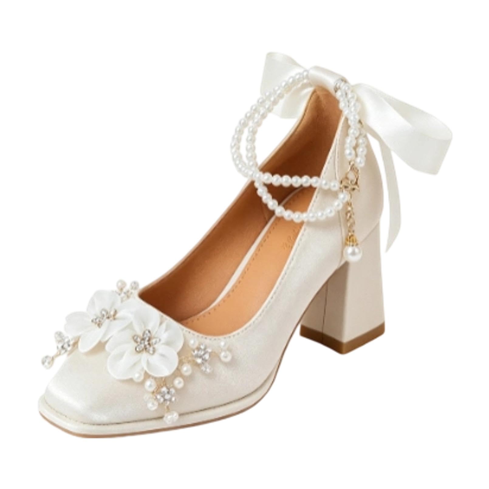 Generico Scarpe da Sposa in Raso con Punta Quadrata da Donna | Cinturino Alla Caviglia Scarpe Da Ballo Per Feste Con Fiocco, Tacco Grosso Alto DéColleté Da Vestito Con Motivo Floreale