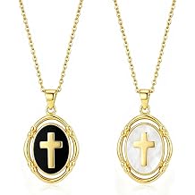 White Black Enamel Cross Necklace for Women, 14K Gold Plated Christian Faith Pendant Necklace, Dainty Religious Jewelry for Her Everyday Wear First Communion Christmas Gift