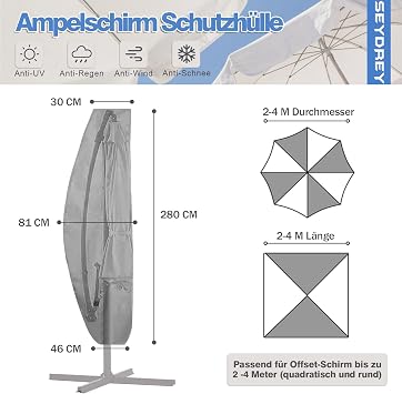 Seydrey Parasol Protective Cover for 2 m - 4 m 420D Cover Protective Cover Parasol Cover with Rod for Diameter 200 cm Diameter 300 cm Diameter 400 cm (280 x 30/81/45 cm)