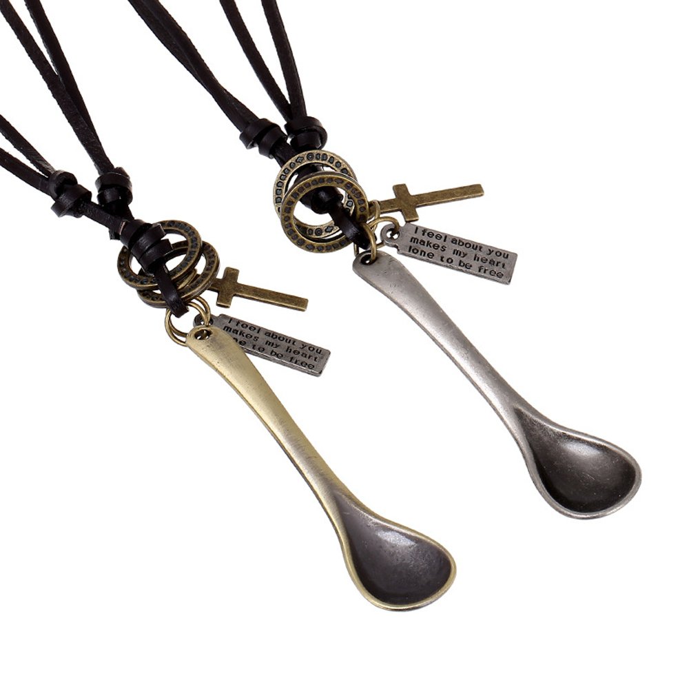 INBO Mens Women Vintage Spoon Cross Pendant Necklace Long Brown Leather Chain Gift Size Adjustable (Silver)