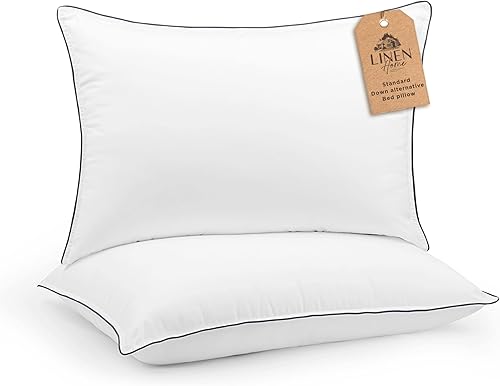 Linen Home Almohadas alternativas de plumón con ribetes grises, juego de 2 almohadas de tamaño estándar, almohadas de cama para dormir boca abajo y
