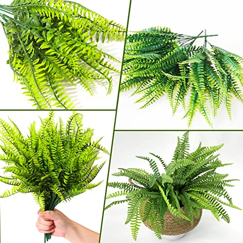 ToKinCen 12Pcs Artificial Fern Outdoor Faux Fern Plants Fake Boston Fern Plants Plastic Greenery Bushes Shrubs Bundles Patio Basket Pot Hanging Garden Planter Indoor Outside Decor - Image 4