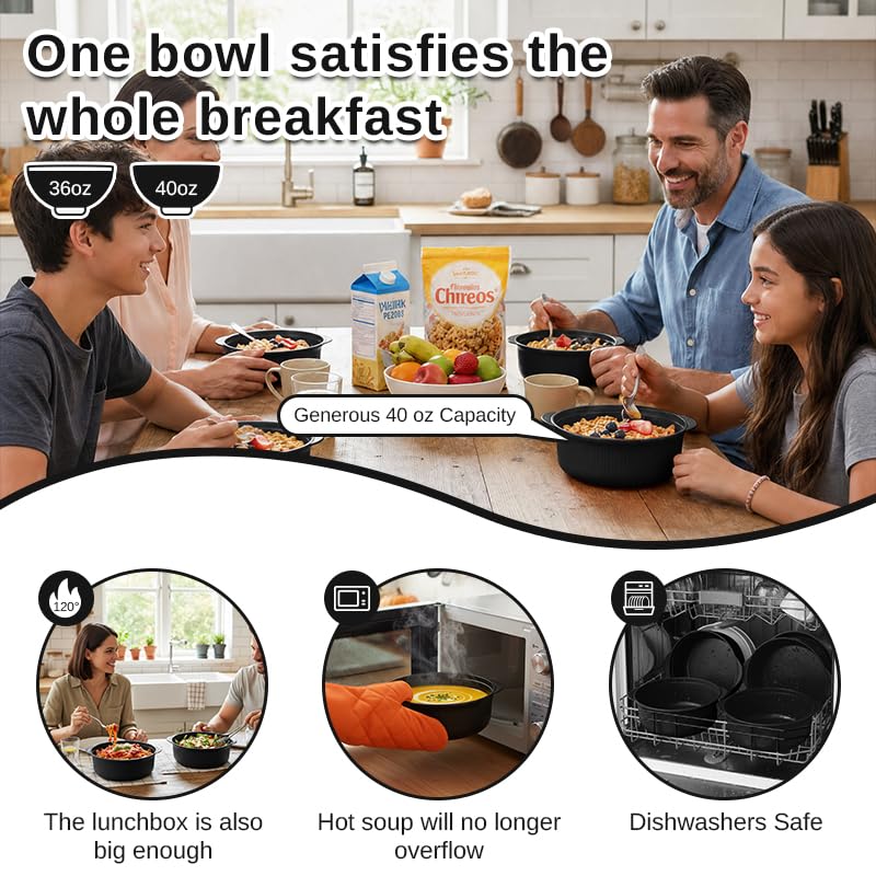 Image of Black 40oz Cereal Bowls with lids set of 4,Microwave Safe,Family&Camping