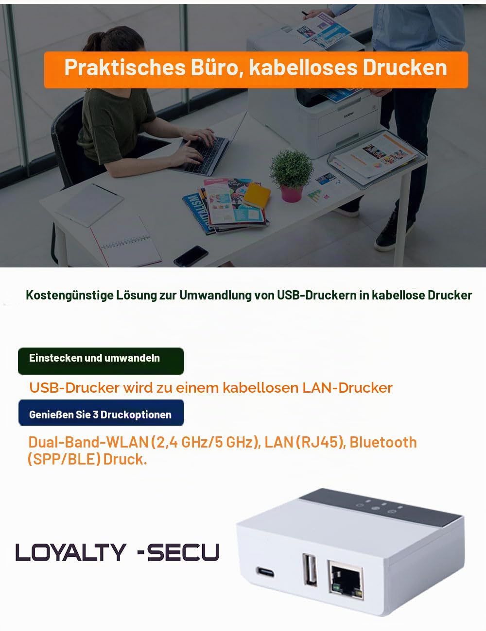 LOYALTY-SECU WiFi & Bluetooth Print Server für USB-Drucker drahtlos