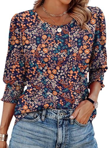 Image of XIEERDUO Blouses for Women Dressy Casual 3 /4 Length Sleeve Womens Tops with Smocked Cuffs