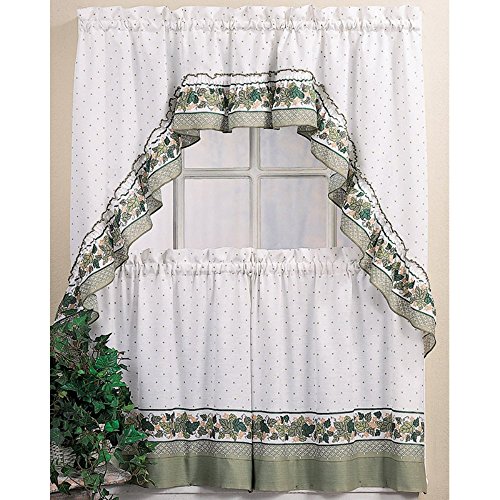 CHF & You Garden Ivy White and Green Country Curtain Tier and Swag Set, Multi, 56-Inch x 36-Inch
