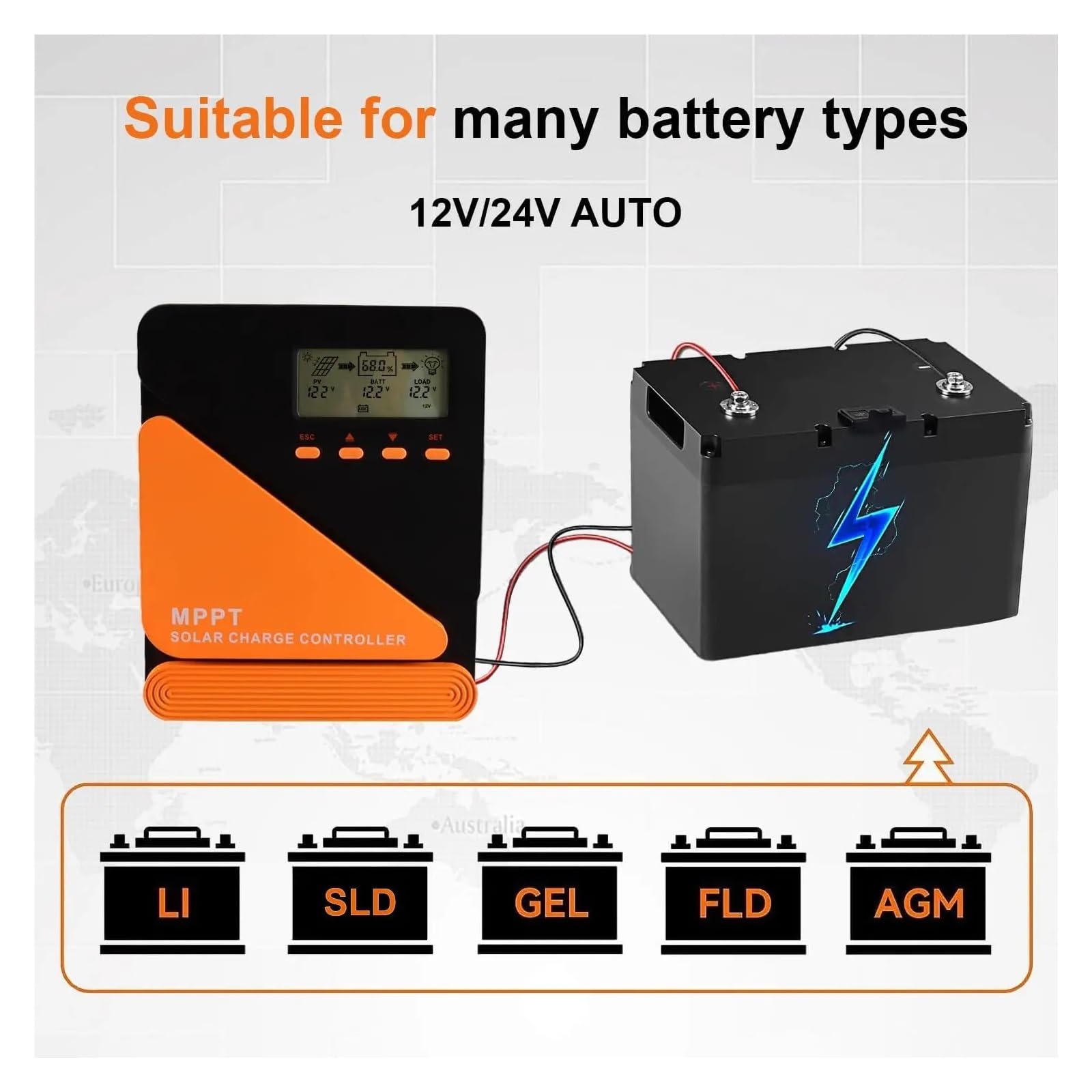 Regolatore di carica solare, Controller Solare MPPT 40/60A Auto 12V/24V Con Doppia USB(60A)