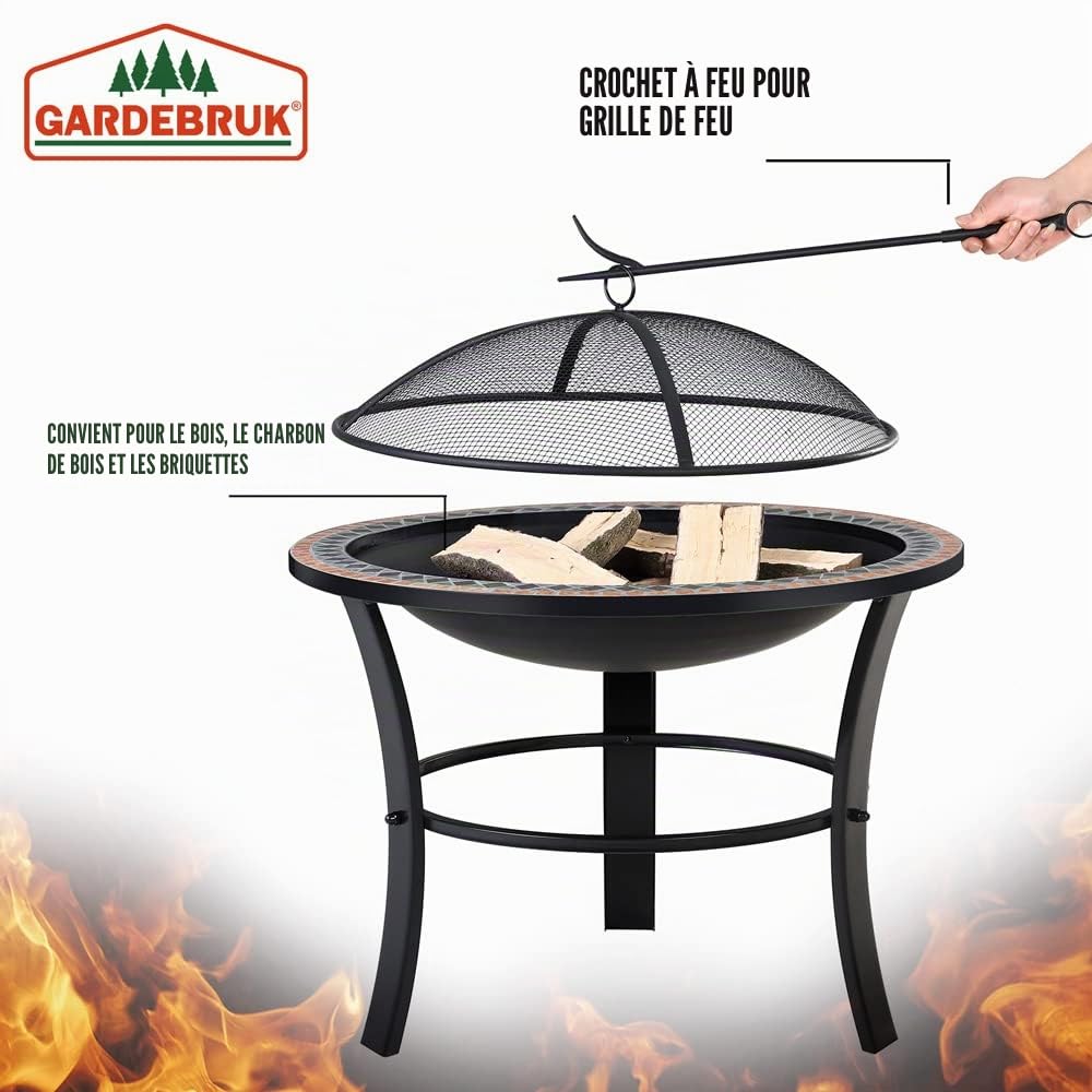 Brasero Rond Sevilla Ø 76 cm Acier laqué Pierres mosaïque Accessoires Couvercle Jardin terrasse feu Bois Charbon briquette Barbecue