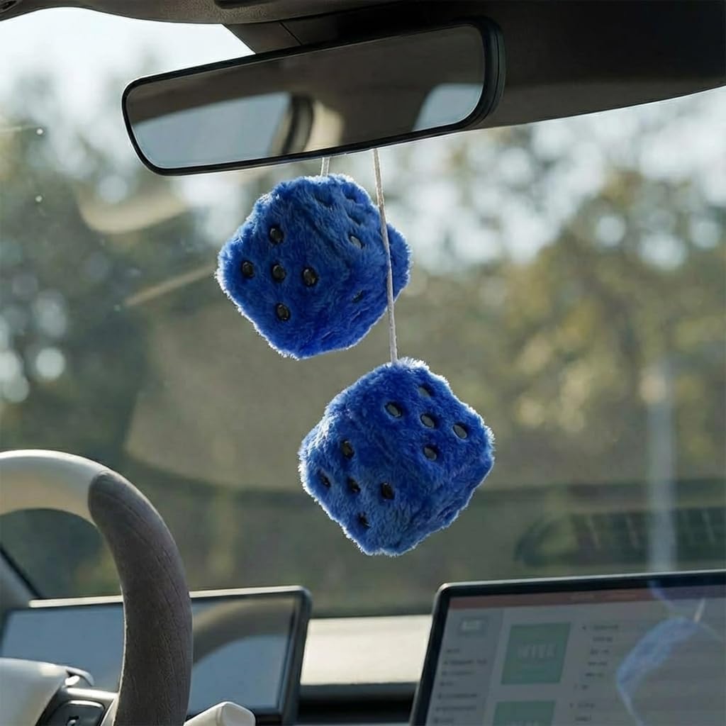 Fuzzy Plush Dice for Car Mirror, Pair of Retro 3” Dark Blue Dice with White Dots for Car Interior Hanging Ornament Decoration (Dark Blue)