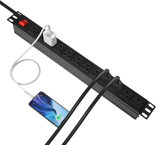 Miniatura 5 de BTU Regleta protectora contra sobretensiones para montaje en rack, regleta de alimentación de 12 salidas con interruptor, regleta de alimentación de