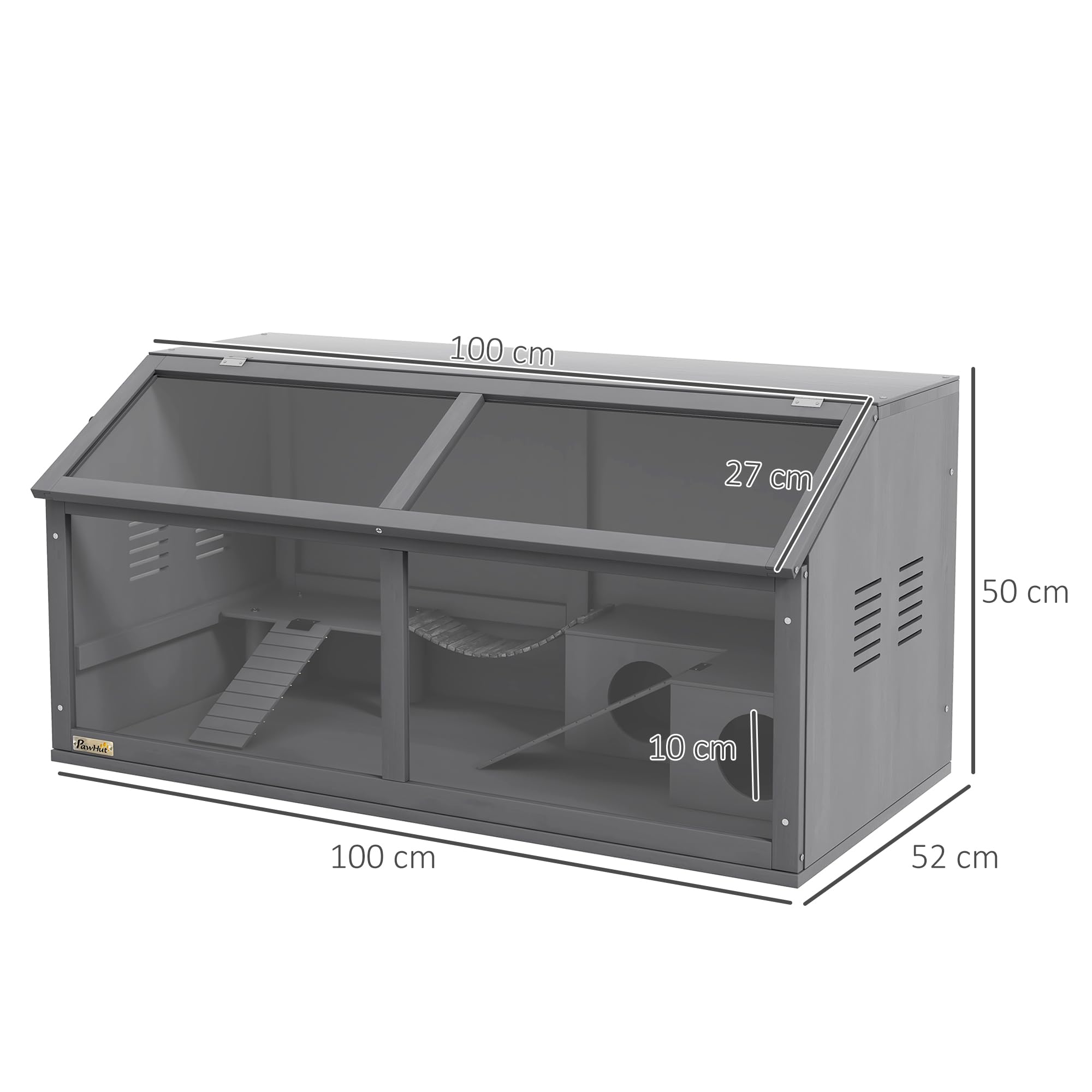 Jaula de Madera para hámster PawHut, caseta para roedores de 100 cm, casita para Animales pequeños, casita de Juegos con Puente Colgante, escaleras, Techo practicable, caseta, Gris Oscuro