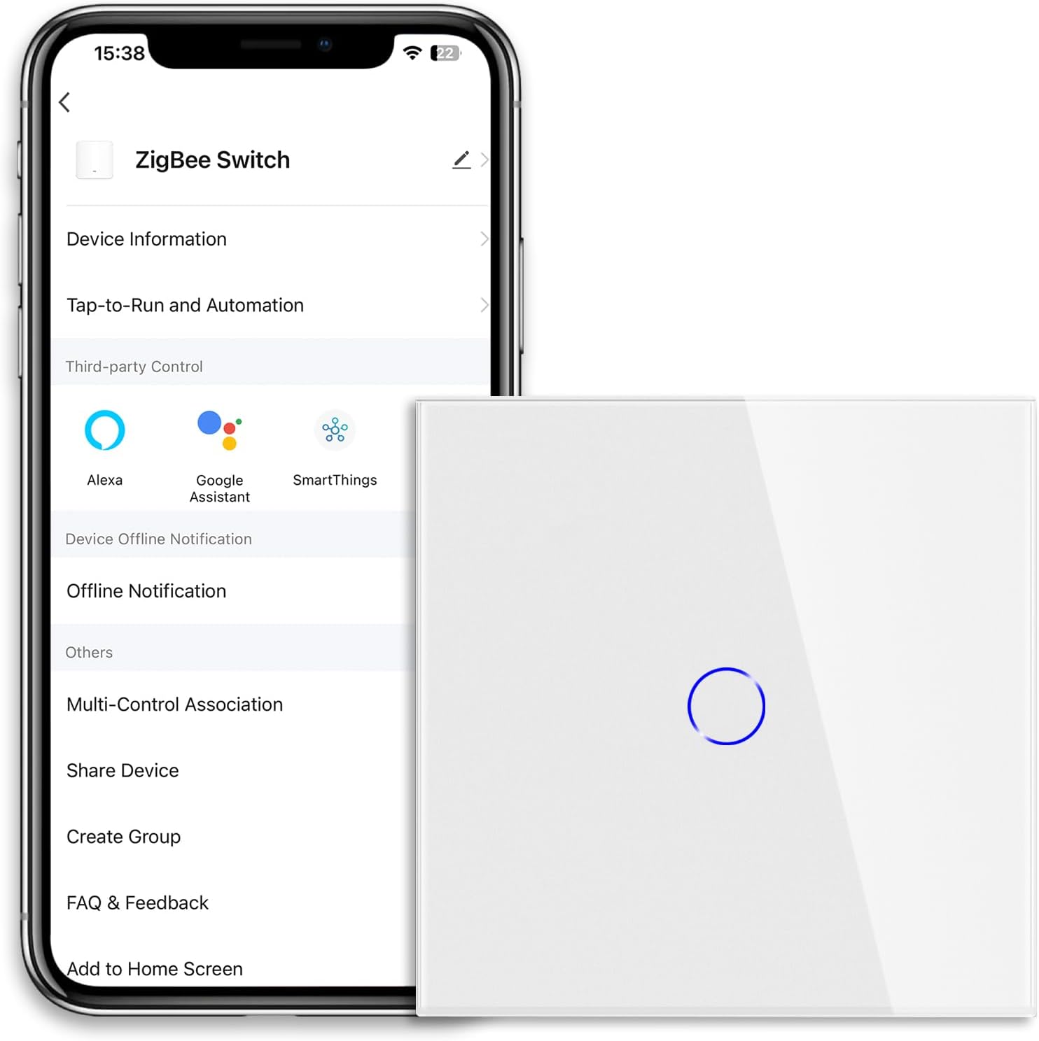 CNBINGOZigBee Smart Light Switch, Zigbee Hub Required, Work with Alexa, Google Home, WiFi Touch Switch with LED Backlight, White Glass Wall Plate, No Neutral Wire Required, 1 Gang