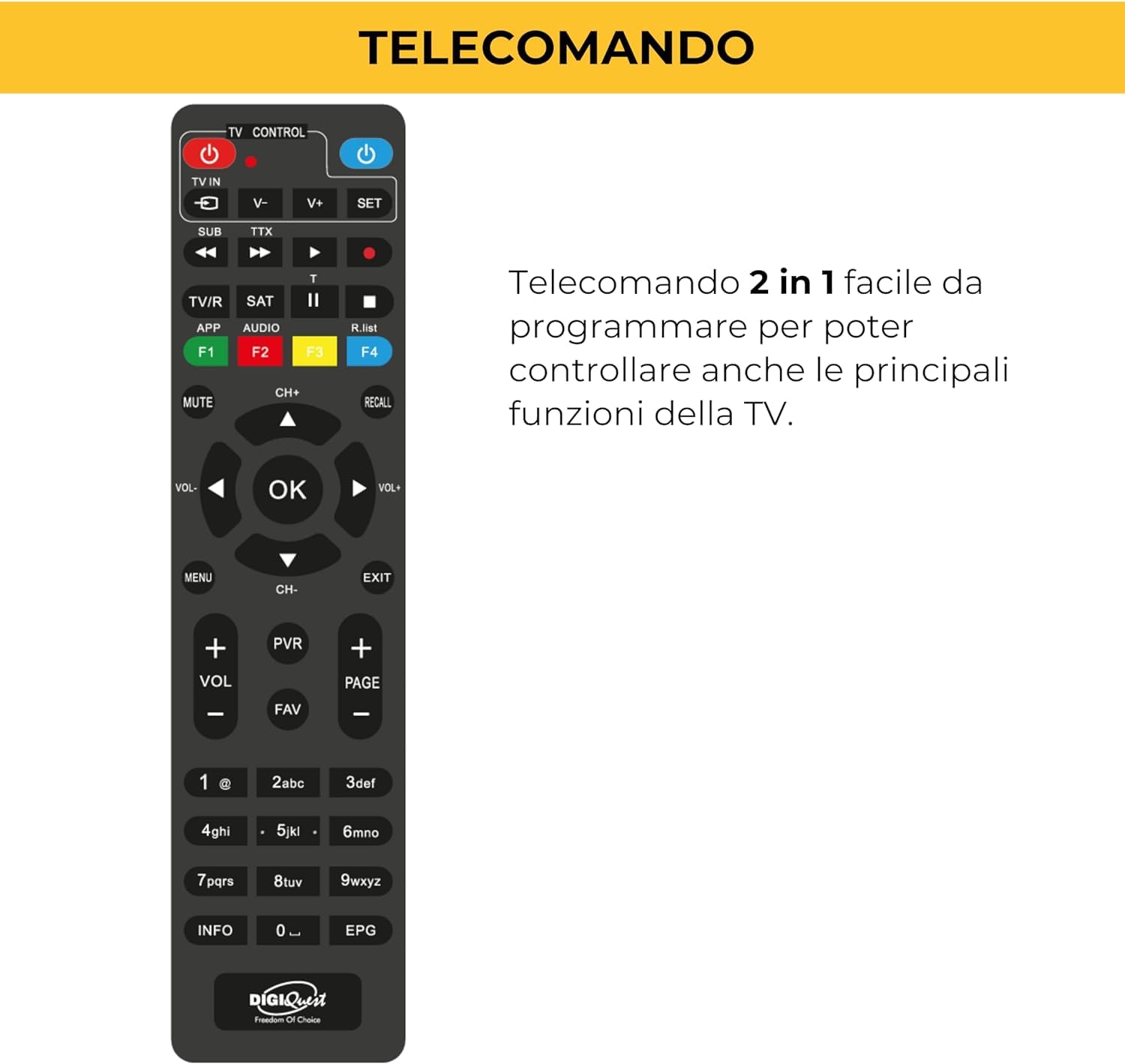 Decoder Satellitare FULL HD con tessera Tivu Sat CERTIFICATO UFFICIALE CON TESSERA Tivù SAT INCLUSA, DVB-S2 HEVC H265 MAIN 10,Telecomando Universale 2 in 1 per il ricevitore e la TV