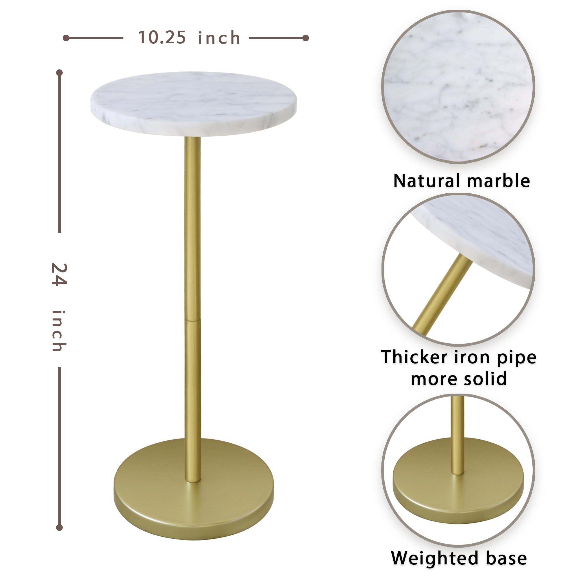 Mesa de bebida de mármol natural, mesa de pedestal, mesa auxiliar redonda pequeña, mesa de Martini para sala de estar, baño, espacio pequeño (blanco) 5