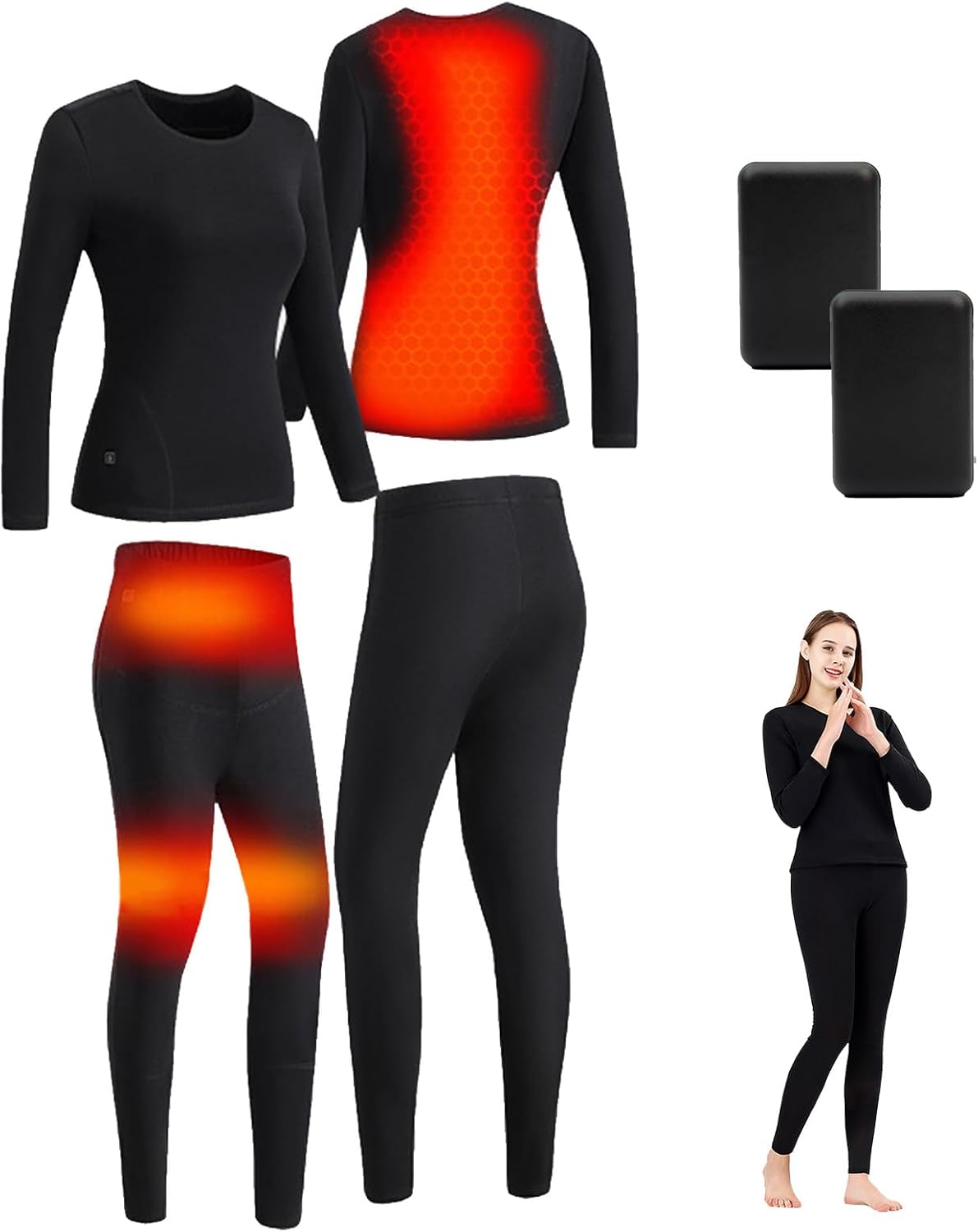 USB Heating Underwear Shirt Pants Set Women's Electric Heating Fleece Lining Thermal Underwear Outdoor Long Johns Set