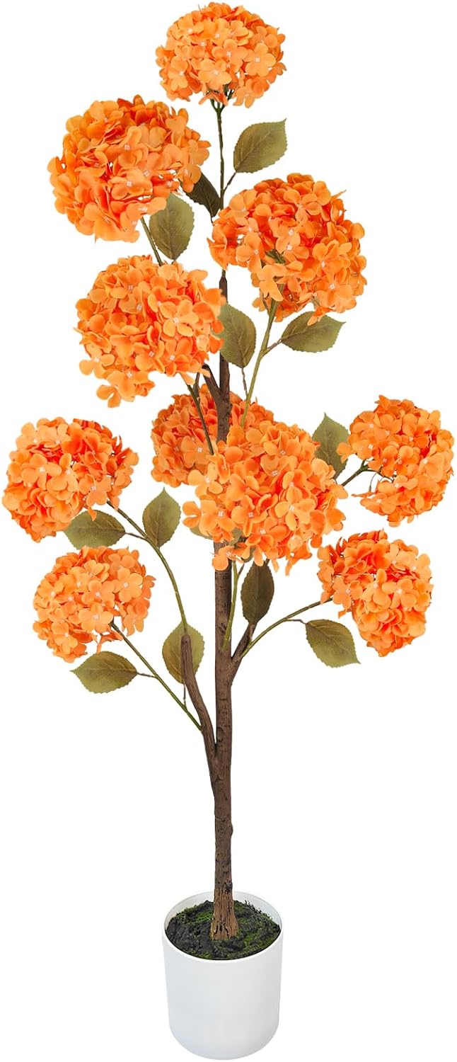Artificial Hydrangea Tree, Fall Tree for Outdoor Indoor Porch Entryway, Orange Flower Potted Fake Plants, Autumn Decoration for Home Office Party, Thanksgiving Halloween, 55INCH