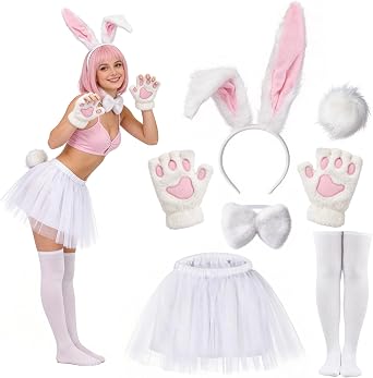 Bunny Costume Adult Bunny Ears Headband Rabbit Bowtie Tail Tutu Skirt Stocking Rabbit Easter Costume