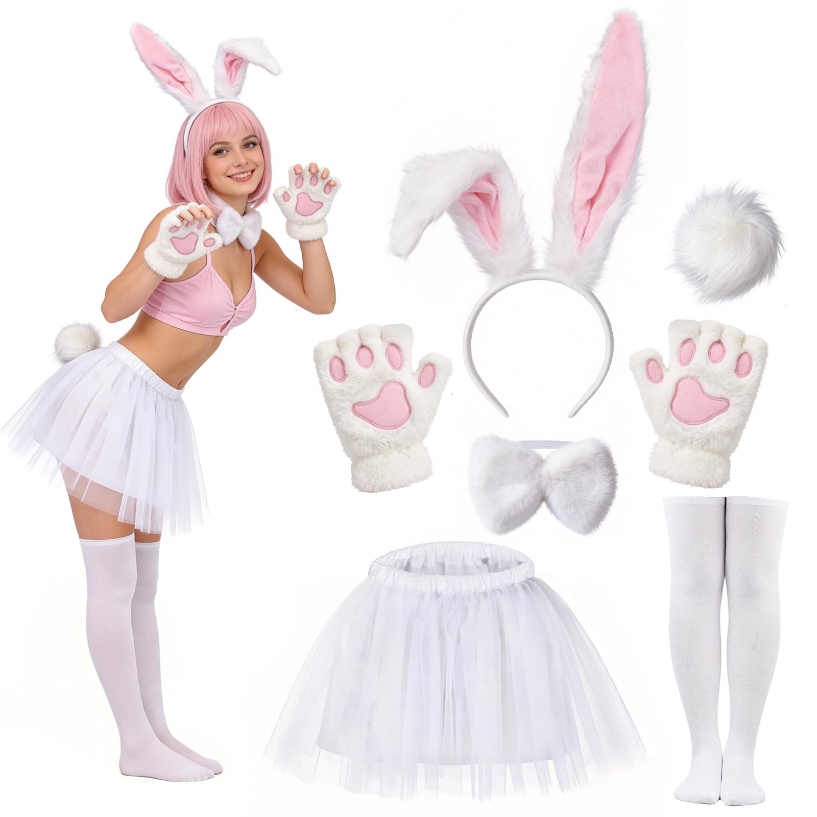Disfraz Conejo Adulto Orejas Conejo Pajarita Tutú y Cola Disfraces de Animales para Fiesta Carnaval Pascua Cosplay