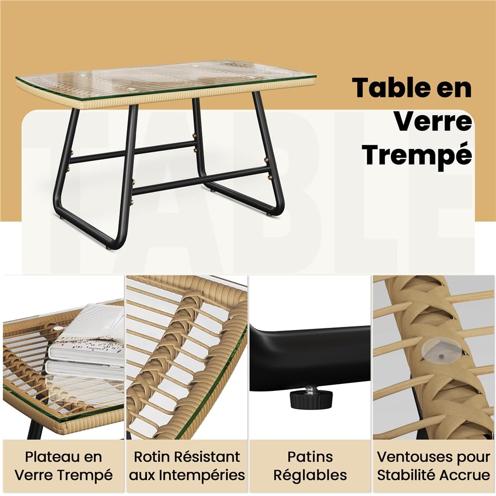 Yaheetech Ensemble Salon de Jardin 4 Pièces Tressé Set de 1 Canapé avec 2 Places 2 Fauteuils et Table d'Appoint en Verre Trempé Style Bohème pour Terrasse Balcon, Patio