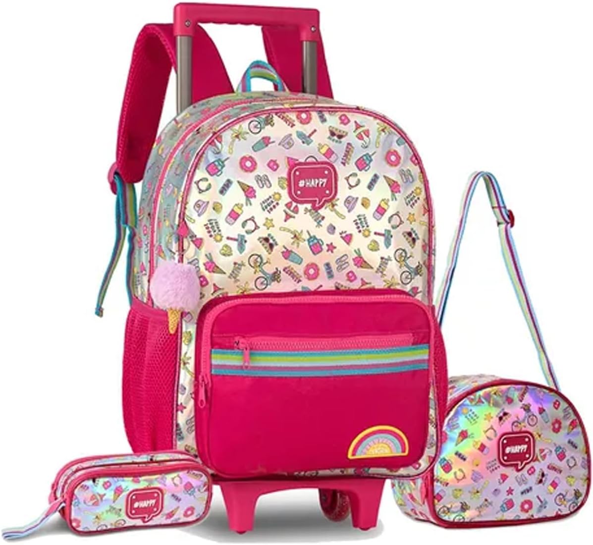 Kit Mochila Escolar Holografica Happy com Rodinha + Lancheira Térmica + Estojo, Infantil pro Volta as Aulas temática de sorvetinho.