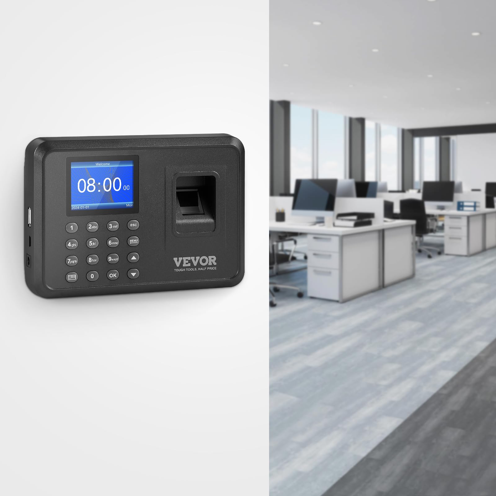 VEVOR Control Horario para Empleados Reloj de Fichar con Huella Dactilar y Entrada de Pin Reloj de Tiempo Biométrico Independiente Reloj de Registro de Tiempo 1000 Huellas Dactilares 12 Idiomas