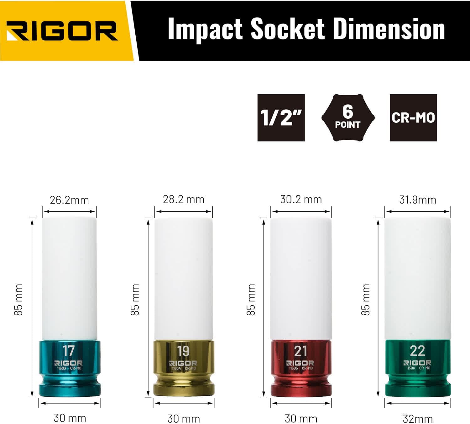 RIGOR 11516 Non-Marring Lug Nut Socket Set | Wheel Protector Impact Socket Set | 1/2" Drive, 6 Point, CR-MO | Metric 17mm, 19mm, 21mm, 22mm