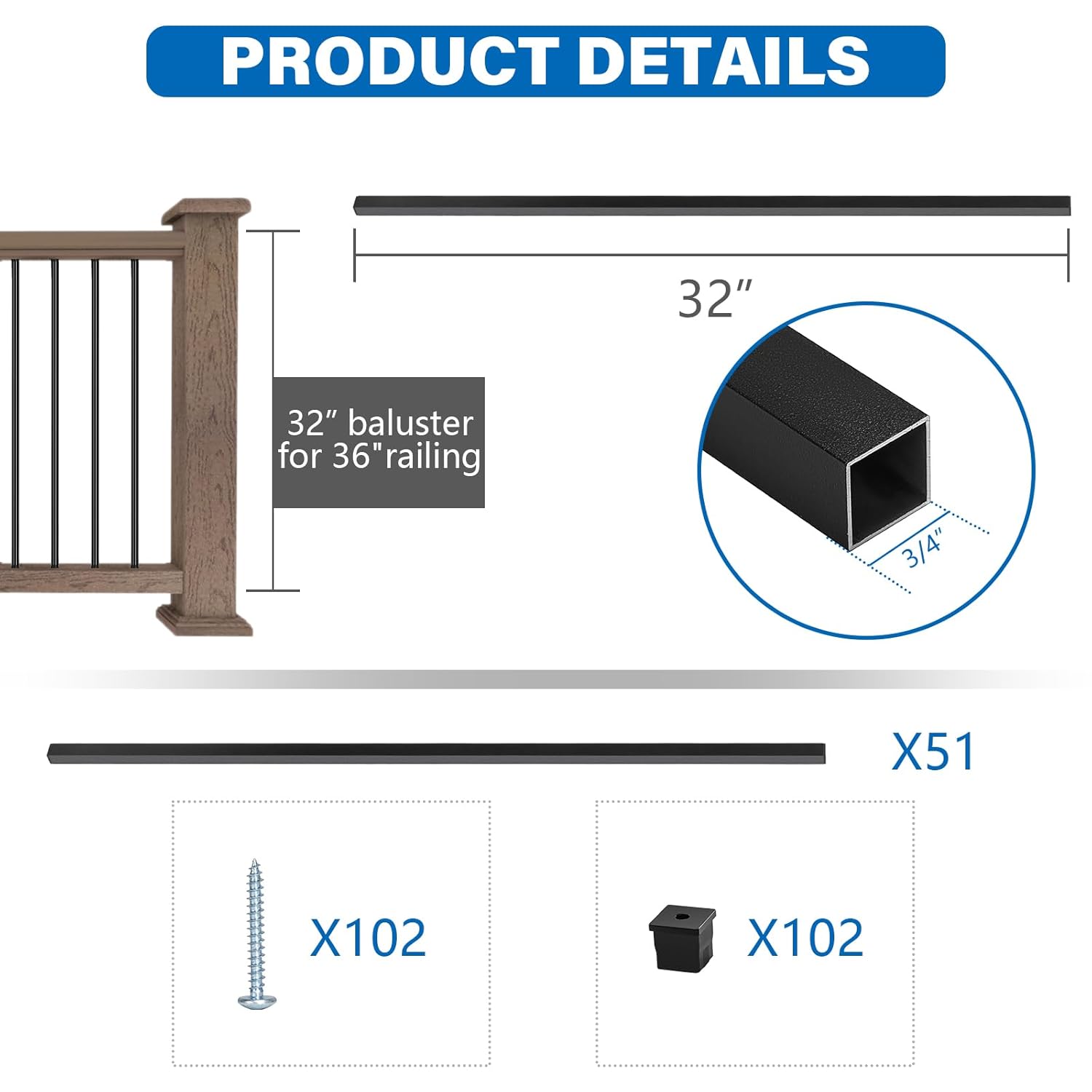 51 Pack 32" Deck Balusters, Aluminum Balusters for Deck Railing, Metal Deck Spindle Staircase Baluster, Hollow Square Stair Porch Spindles with Screws for Railing Fencing W/Conectors