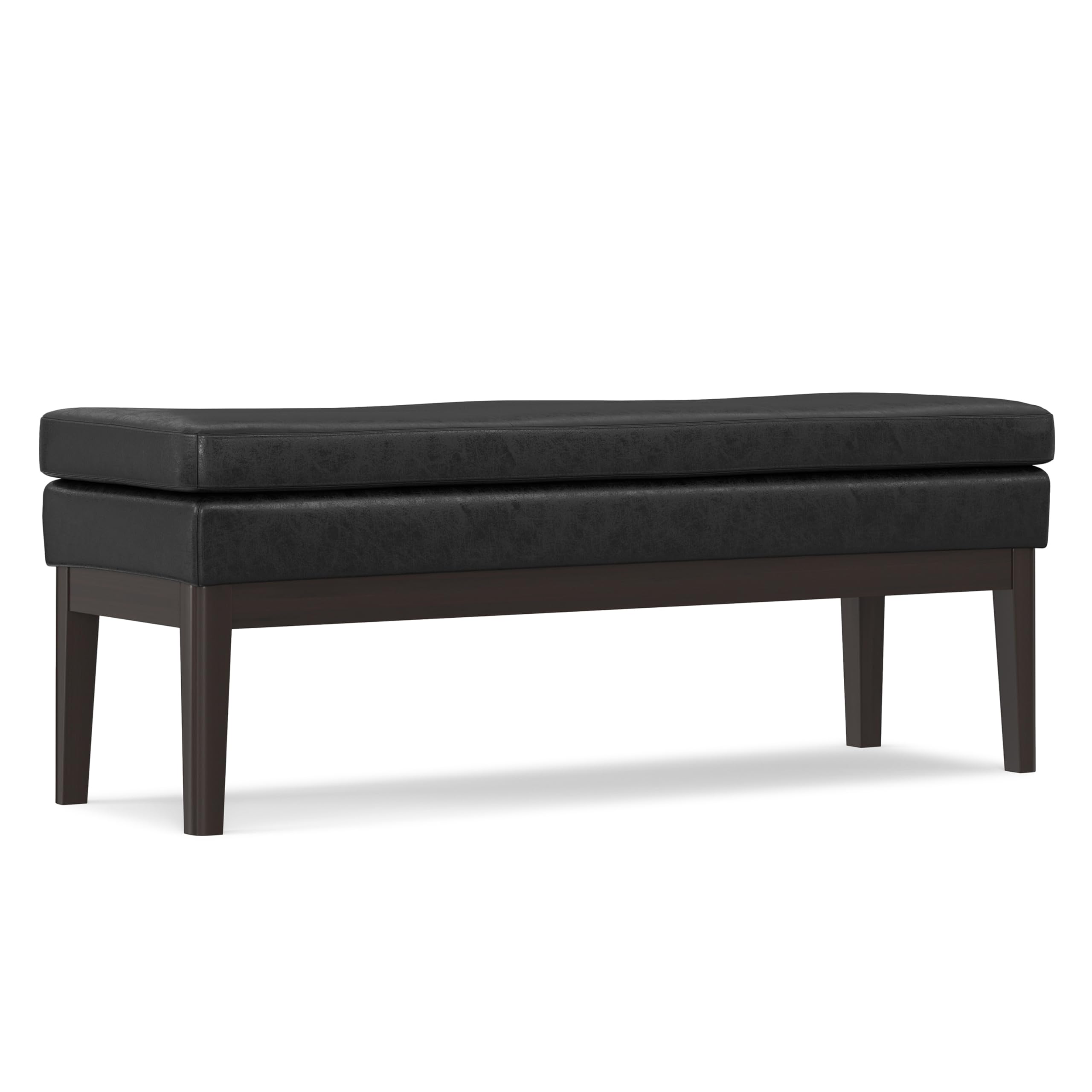 SIMPLIHOME Carlson 45" Wide Vegan Leather Rectangle Ottoman in Black Ottoman Bench Distressed Black