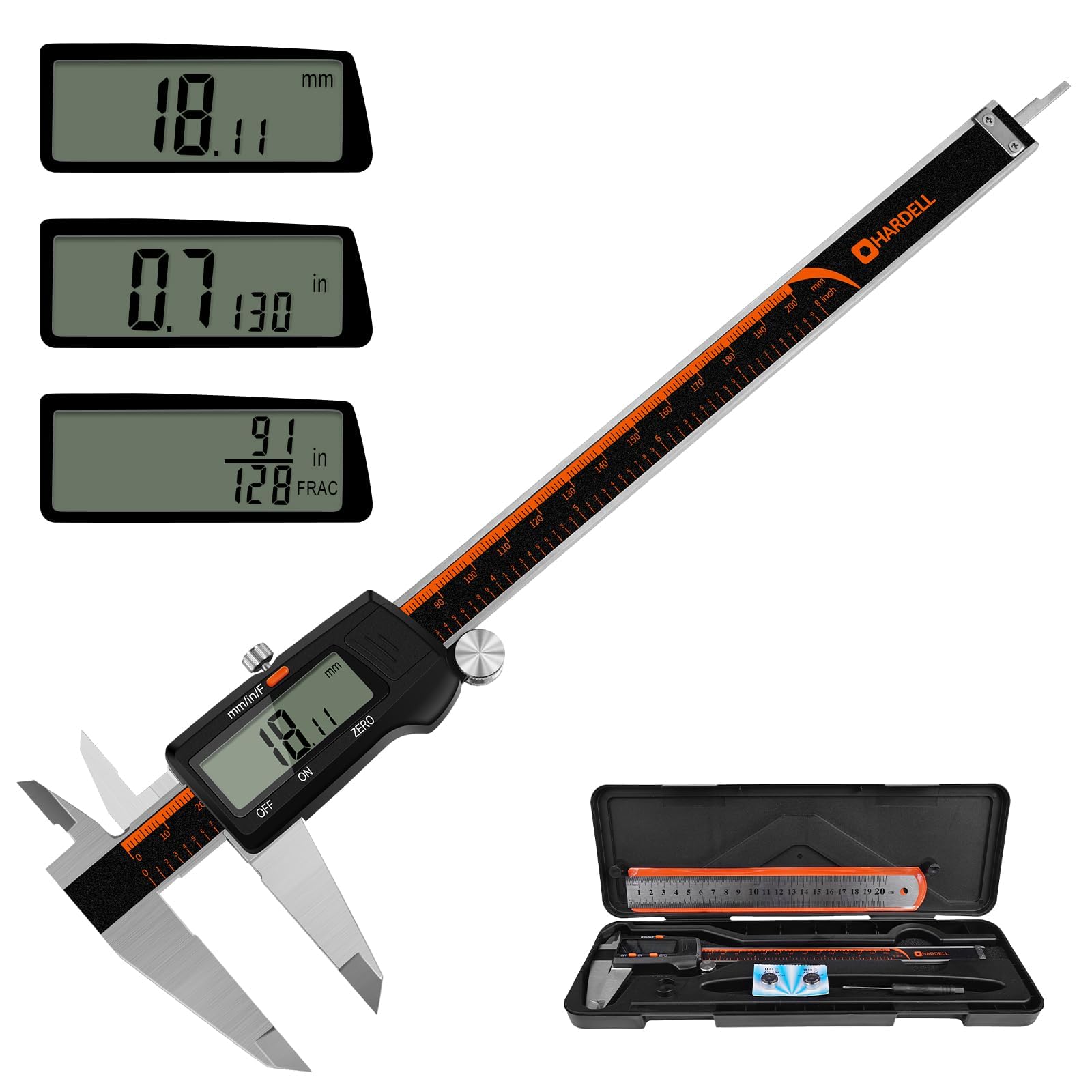 HARDELL Calibrador Digital 0-8 Pulgadas, Pantalla LCD Grande, Acero Inoxidable, Apagado Automático, Medición en Pulgadas/Milímetros/Fracciones, Impermeable, Herramienta de Precisión para Bricolaje