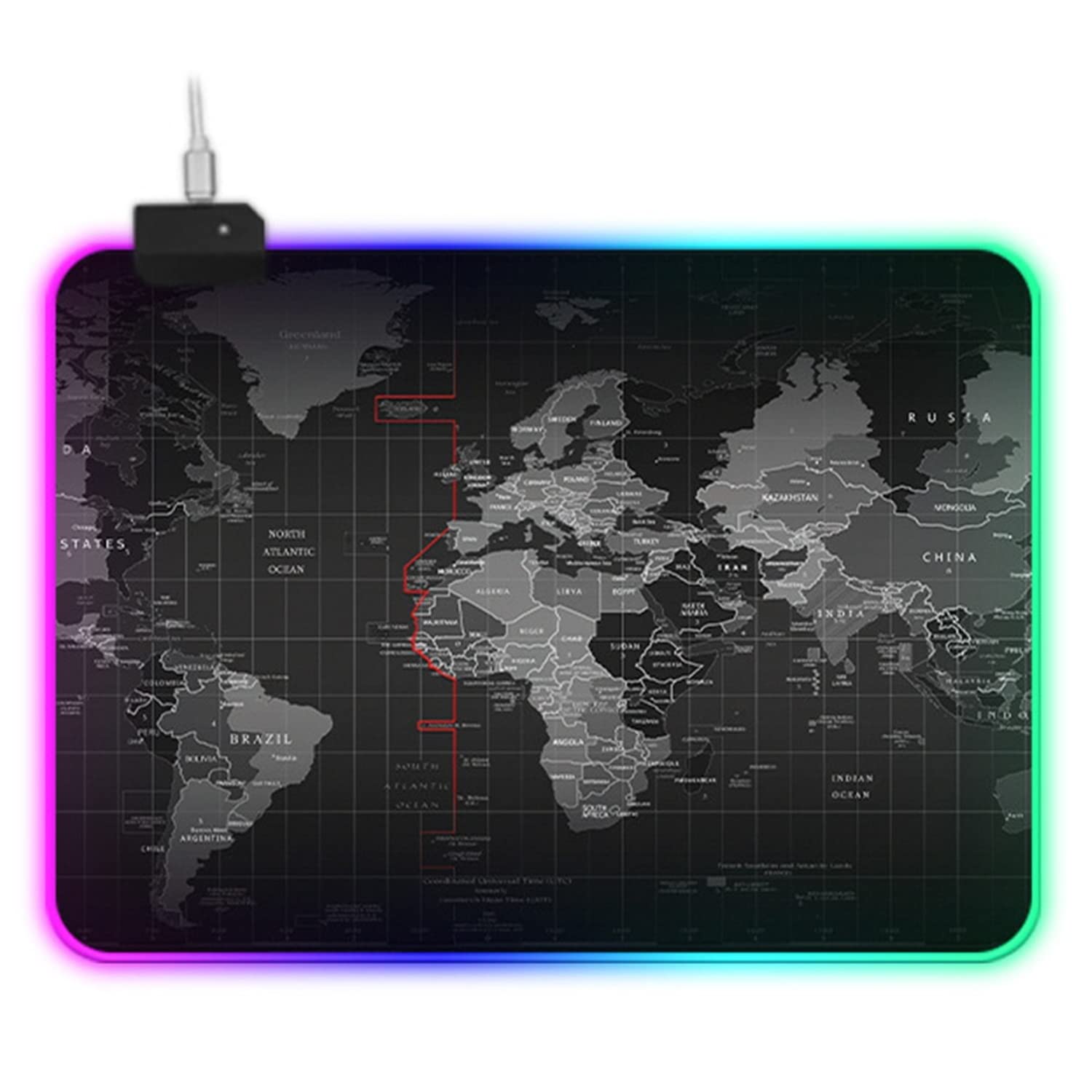 SKY-TOUCH RGB LED Lighting USB World Map Design Mouse Pad with Non-Slip Base, Smooth, Water Proof and Thick for Gamer