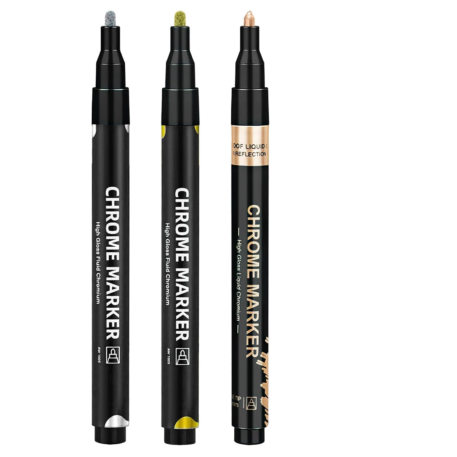3PCS Metallic Chrome Paint Pens 3 Colors Waterproof Markers Reflective Gloss Permanent Liquid Mirror Paint Pen for Coloring Model Metal Glass Plastic Painting Touch Up Repair Stroke Gold Silver Copper