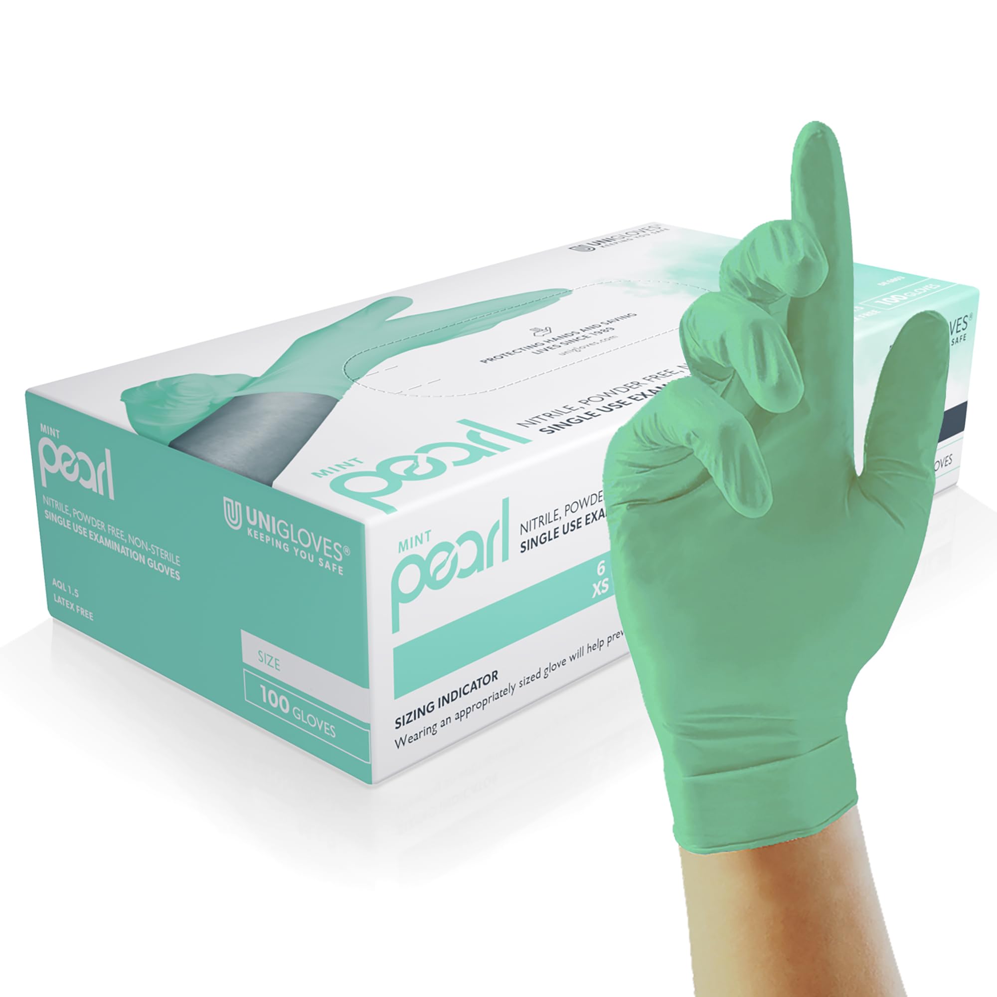 UNIGLOVES Mint Pearl Nitrile Examination Gloves - Multipurpose, Powder Free and Latex Free Disposable Gloves - Box of 100 Gloves, Mint, Extra Large (GP6805)