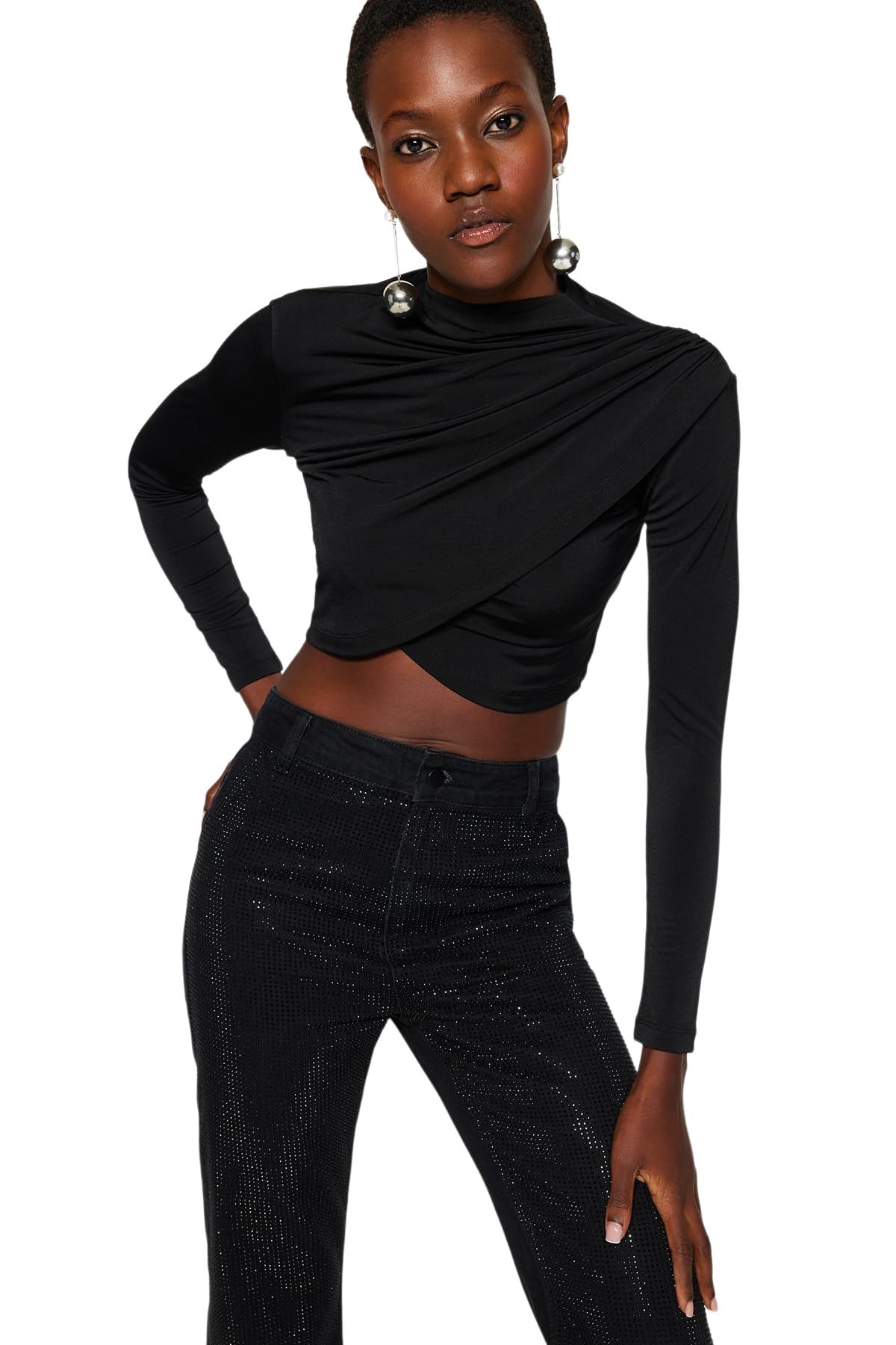 Trendyol Black Stand-Up Collar Draped Crop Blouse