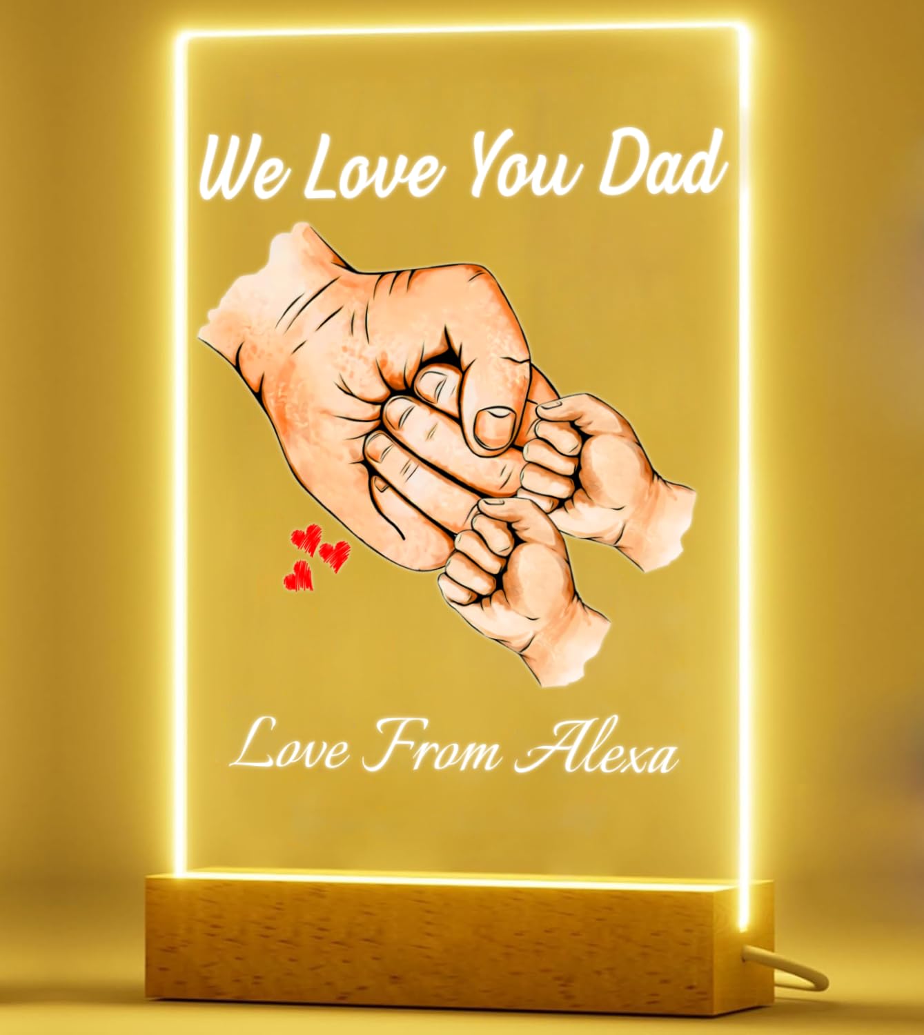 Pb Tech Peronalised Daddy's Team Fist Bump - Gift For Fathers Day With A Special Message, Presents For Dad, Daddy, Grandad, Customised Acrylic Led Photo Plaque With Wooden Base