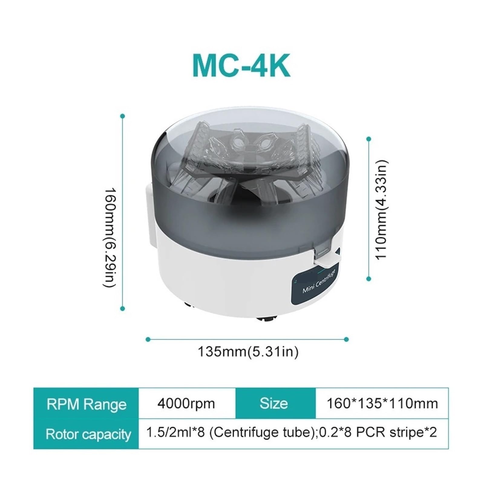 Centrífuga de mesa, Mini Máquina Centrífuga Pcr, De Plasma, Microcentrífuga Laboratorio, 4000rpm, 7000rpm For Tubo Centrífugo 0,2/1,5/2ml | MC-4K(4000rpm)