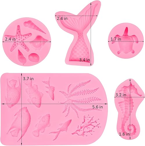 Vista 2 de Molde de silicona de cola de sirena, diseño de concha de mar, diseño de concha de mar, diseño de algas marinas, hipocampo, peces de tortugas Moldes