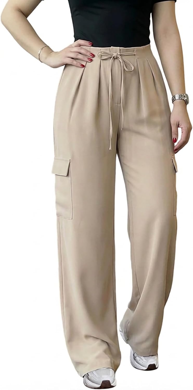 CHICME Women's Casual Drawstring Pants High Waist Flap Pockets Design Elastic Back Waist Wide Leg Trousers