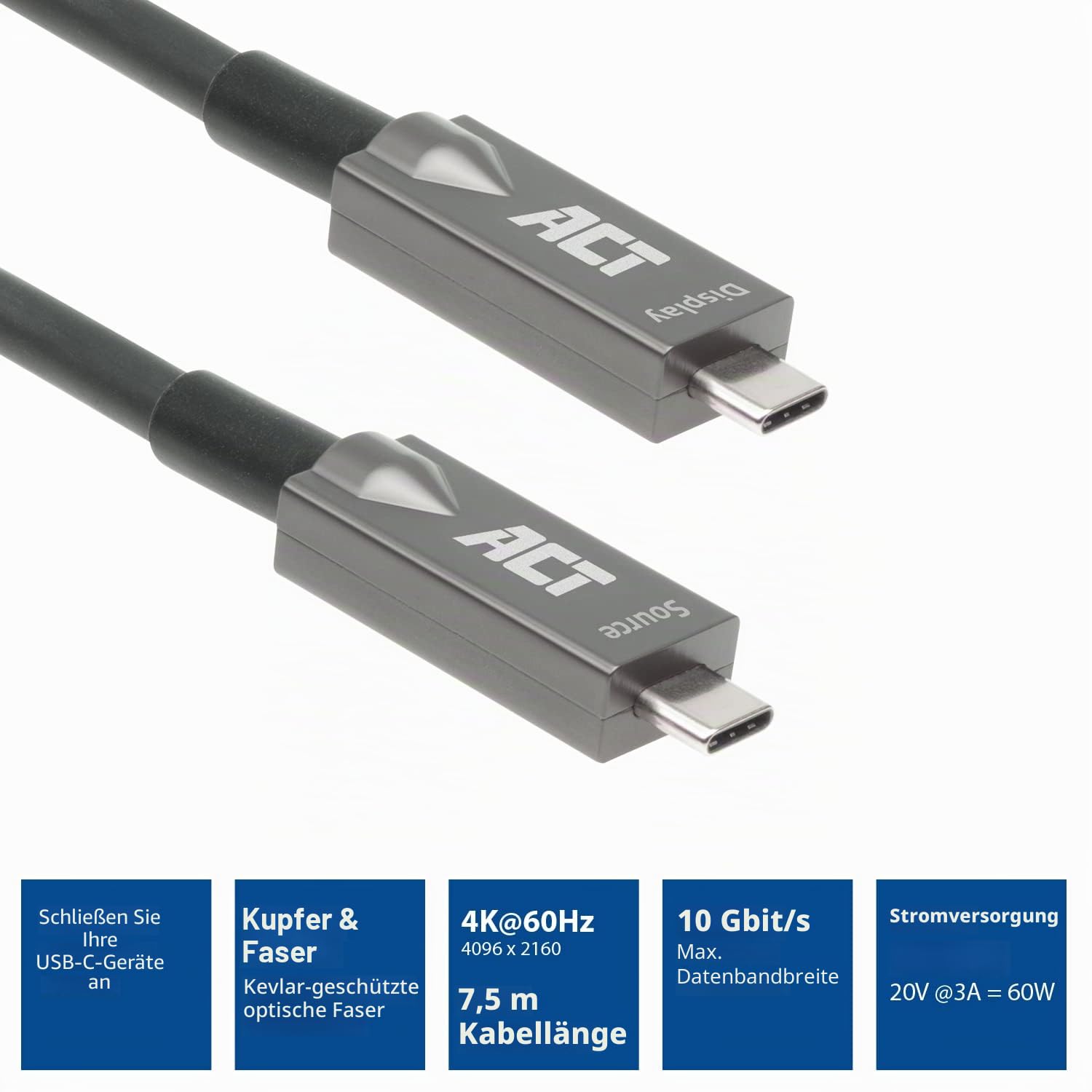 ACT USB C Active Optical Cable (AOC) Video Kabel 7m – AK4307 | Netzwerkkabel, Snagless, für Datenzentren