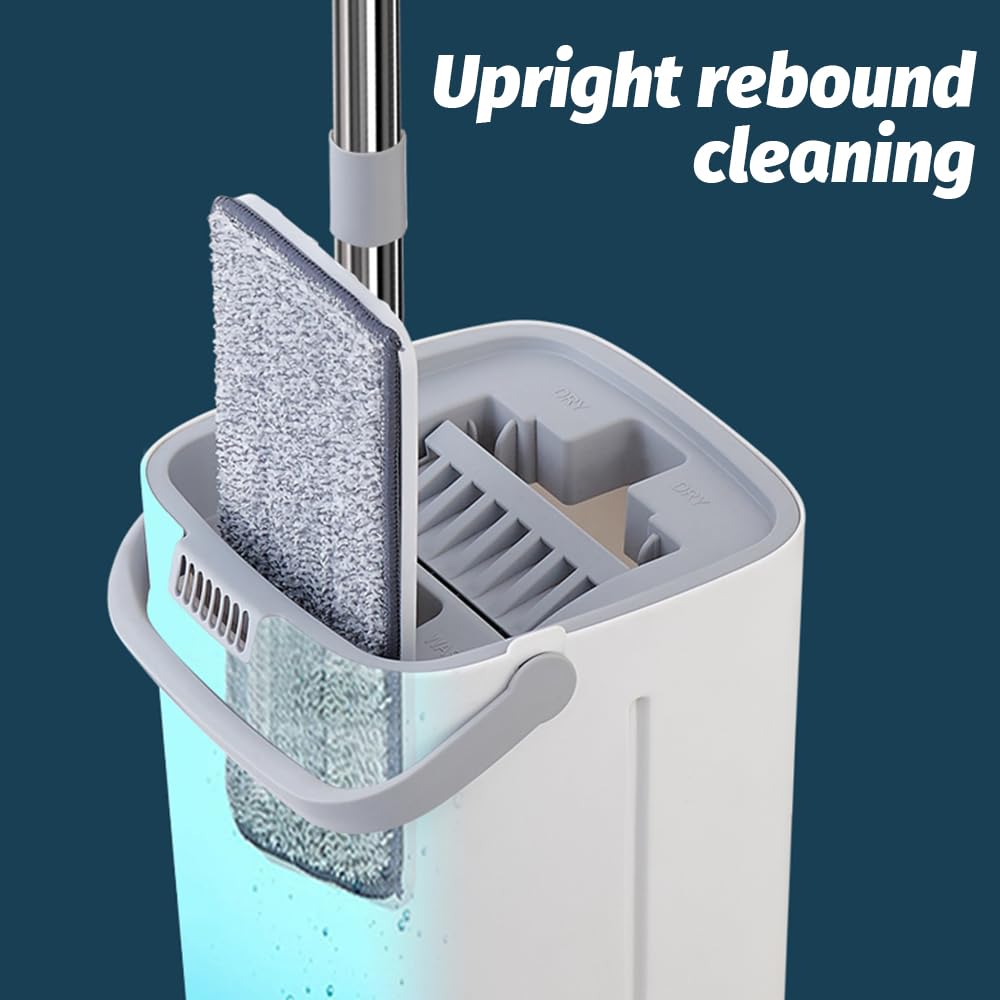Kavolet Juego de mopa y Cubo con escurridor, Mango de Acero Inoxidable de 119,4 cm de Largo, Uso en seco y húmedo, con 2 Almohadillas de Microfibra, mopa Manos Libres para el hogar para Suelos