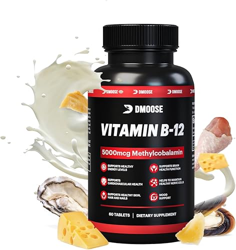 DMoose - Tabletas de vitamina B-12, 500 mcg, 100 unidades, sin gluten, sin OMG, veganas, para producción de energía y uñas saludables