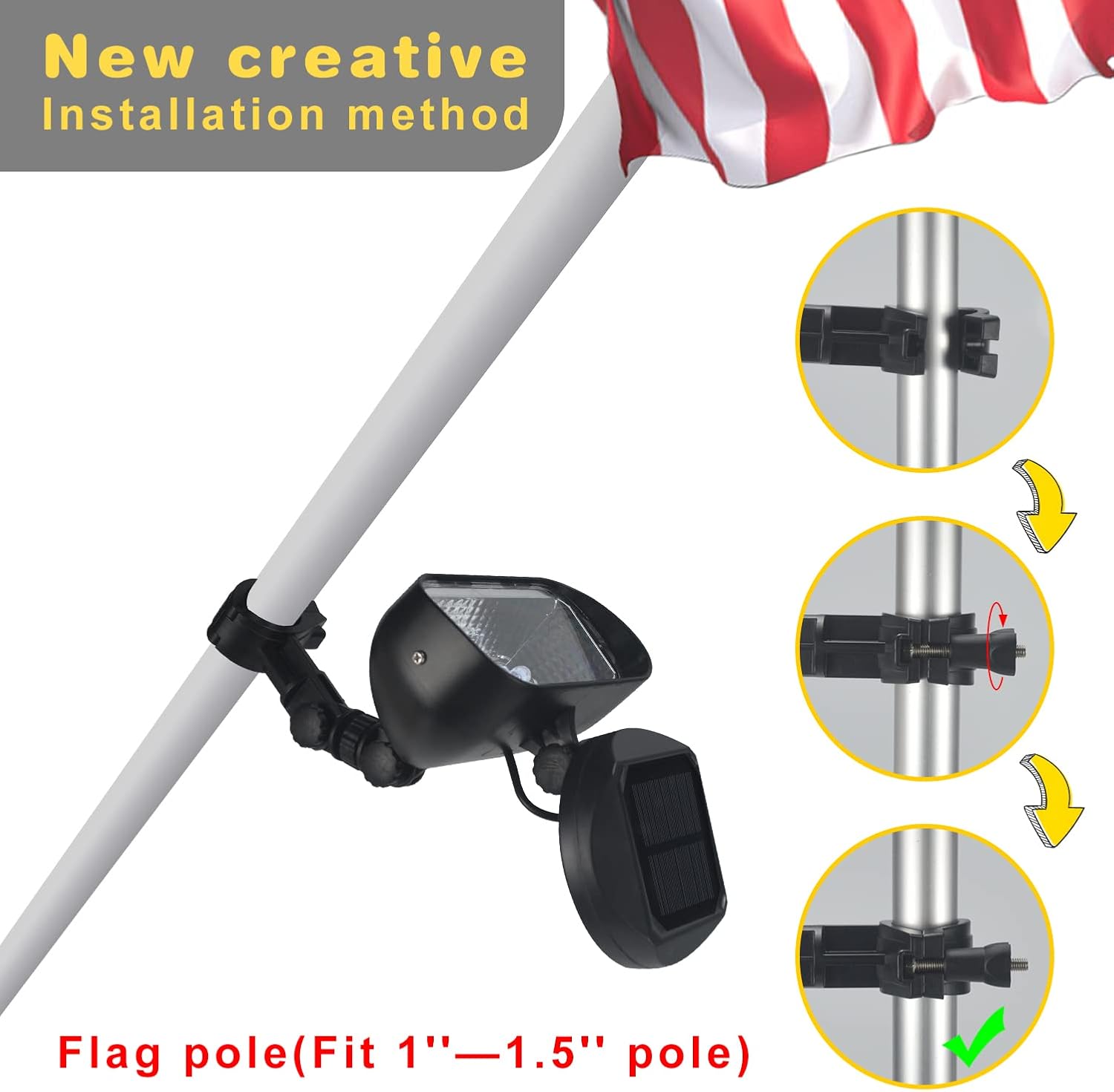 Solar Flag Pole Light, 4 Super-Bright Led & 360°Adjustable Flagpole Light Outdoor Dusk to Dawn, IP65 Waterproof Batteries Replaceable Fits 1”-1.5” in Diameter Wall-Mounted Spinning Flagpoles（White